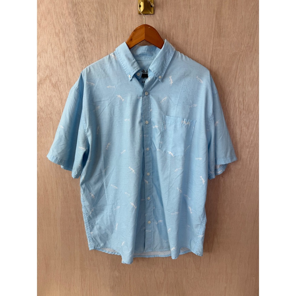 Huk Mens XL Light Blue Fish Print Short Sleeve Button Down Fishing Shirt